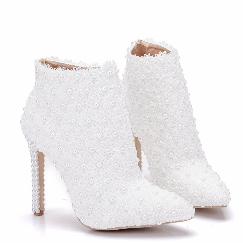 Lederen Laarzen Vrouwen Hoge Hak Enkellaarsjes Puntschoen Parel Kant Trouwschoenen Lente Herfst Parel Hak Witte Korte Laarzen