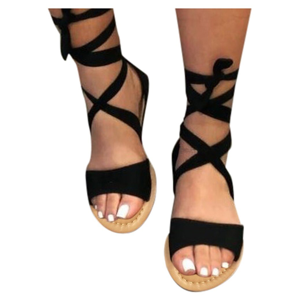 Sommer flade sandaler til kvinder afslappet åndbar åben tå dame sandaler fritid strand kvinder sandaler zapatos de mujer: Sort / 7.5