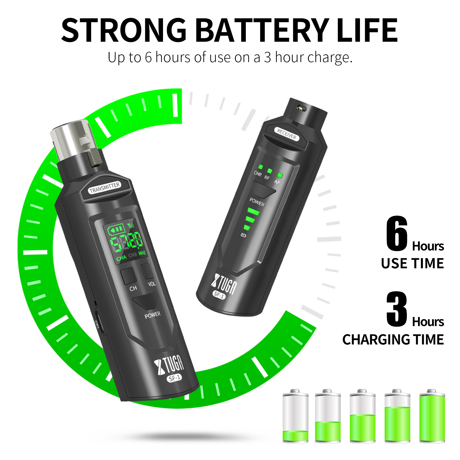 XTUGA SF-1 UHF micrófono convertidor inalámbrico XLR transmisor receptor recargable para micrófono dinámico/condensador