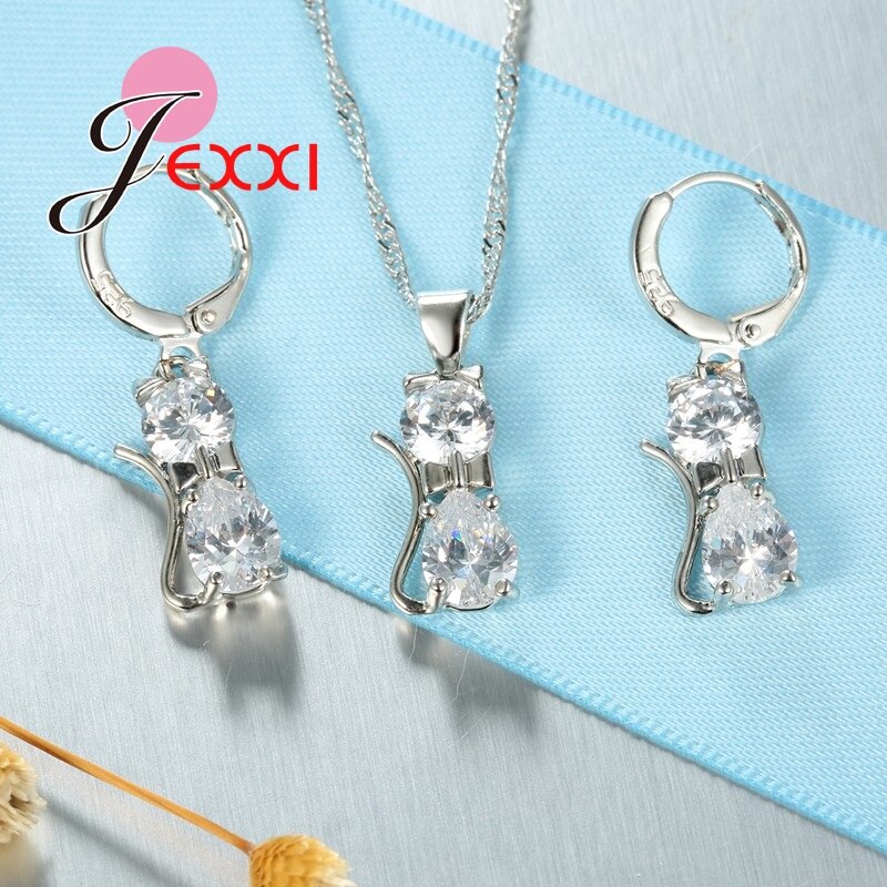 Mode 925 Sterling Zilveren Sieraden Sets Voor Vrouwen Laies Luxe Cz Rhinestone Dier Kat Charm Hanger Ketting Oorbellen