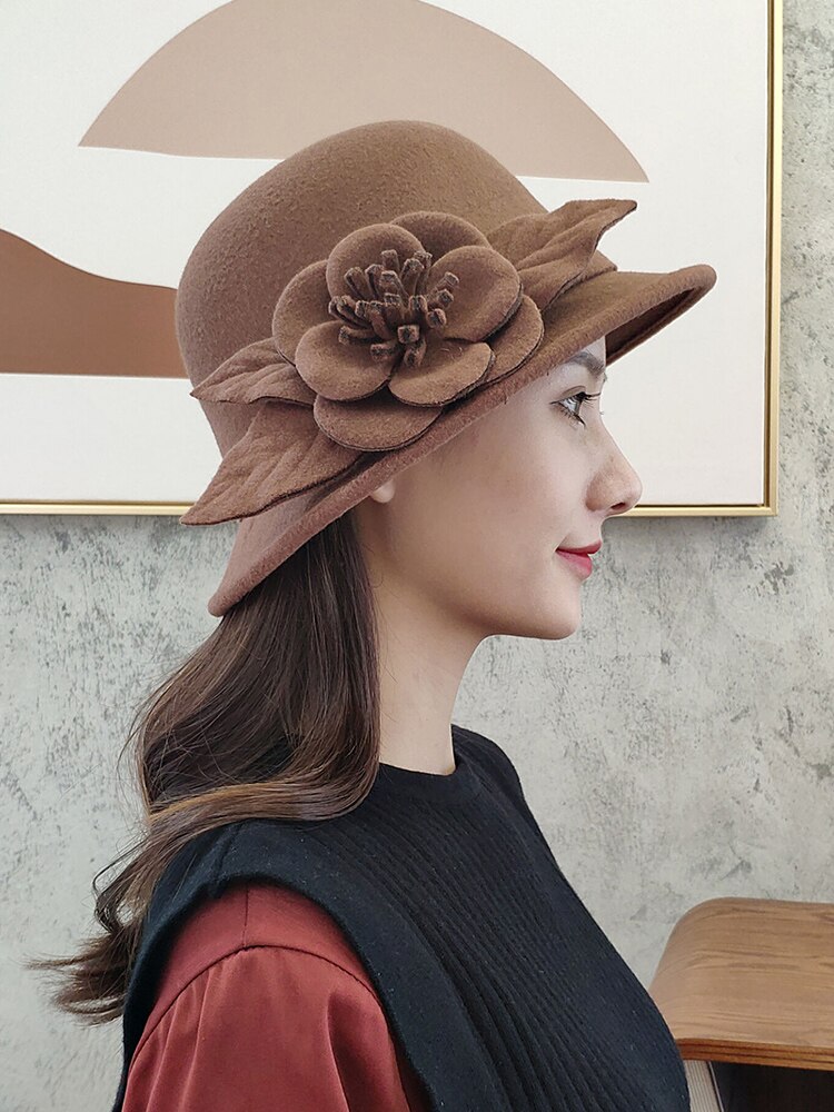 Chapeau Fedora en laine pour femmes, chapeau seau à fleurs texturées, , en forme de dôme, à la , automne hiver