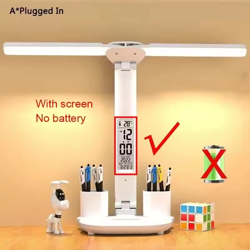 LED-Tischlampe, doppelköpfig, über USB aufladbar, dimmbar, Schreibtischlampe mit Kalender, Uhr, faltbar, Augenschutz, Lese-Nachtlicht: Blau