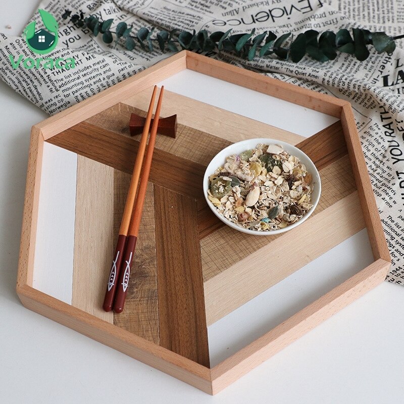 Plateau de service Hexagonal en bois décoratif | Plateau décoratif en bois, thé Dessert plateaux à pain, serveur de nourriture, plats de décoration de la maison, accessoires de photographie