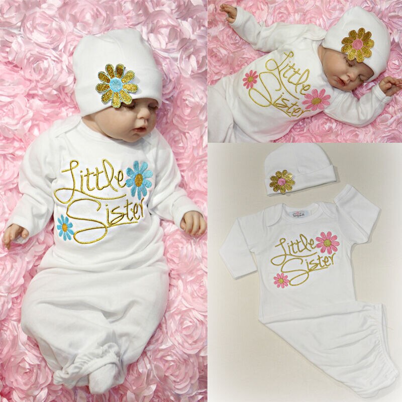 Katoen Bloem Zusje Baby Meisje Kleding Coming Home Rompertjes outfit Baby Kleding Hoed Leuke 2 stuks Set