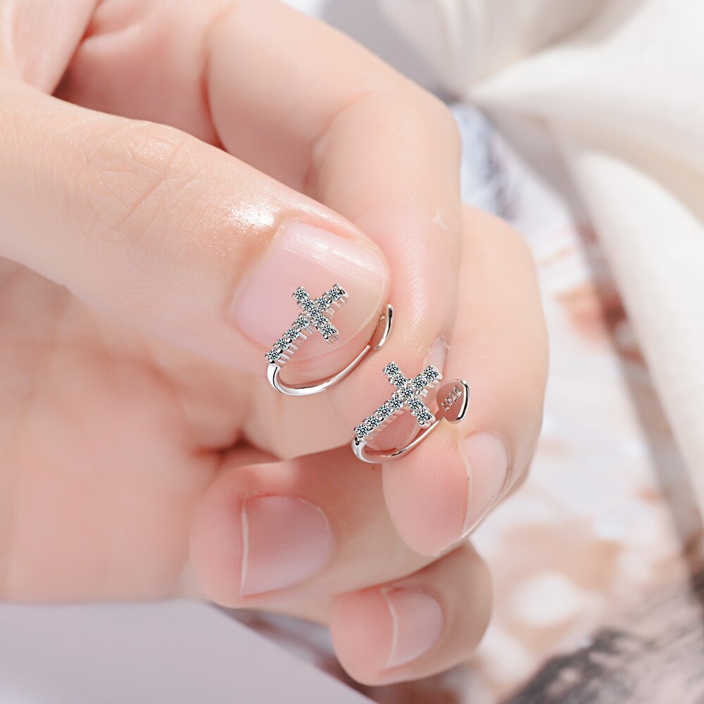 Anenjery Micro CZ Cross Clip Earrings For Women Girl 925 Sterling Silver Earrings boucle d'oreille S-E608