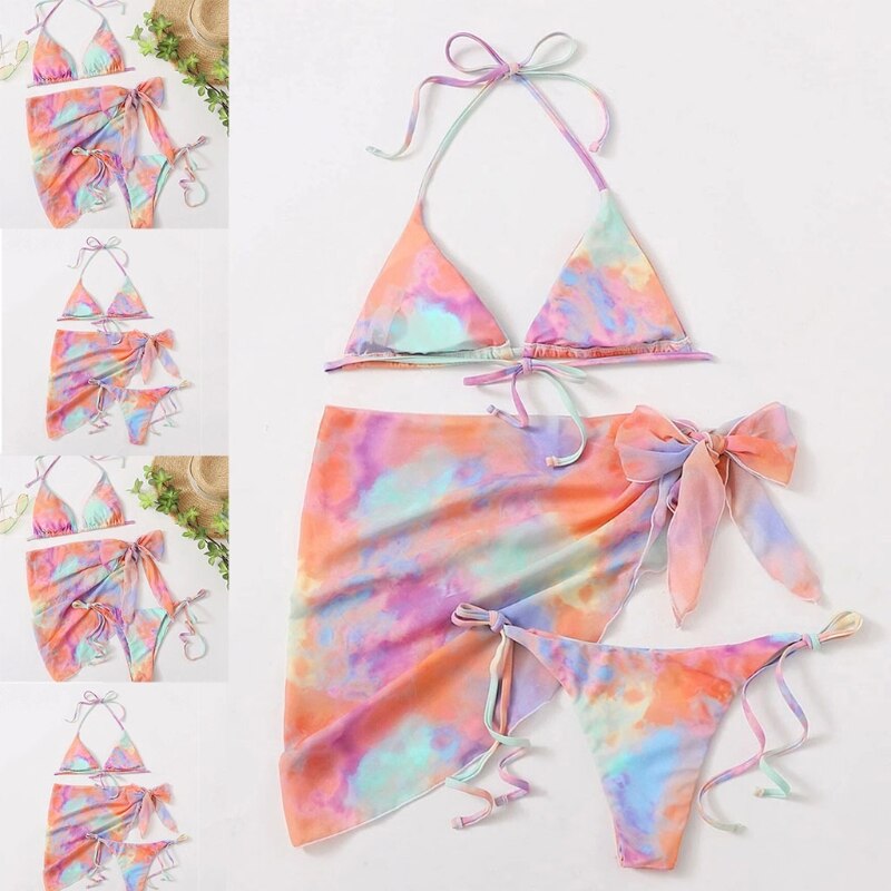 Sexy mujer 3 piezas de estampado de arco iris Bikini conjunto de cuerda brasileño traje de baño con pareo cubierta falda para la playa lazo lateral