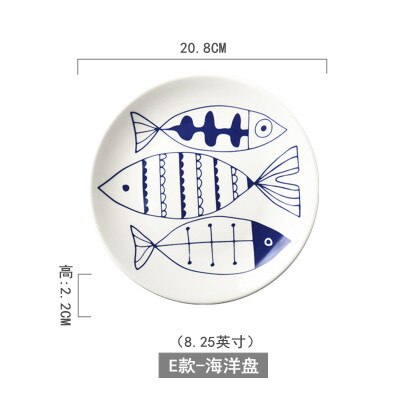 Blå og hvid keramisk salattallerken frugtbøf tallerken porcelænsservice rund western madbakke dessertretter: 3