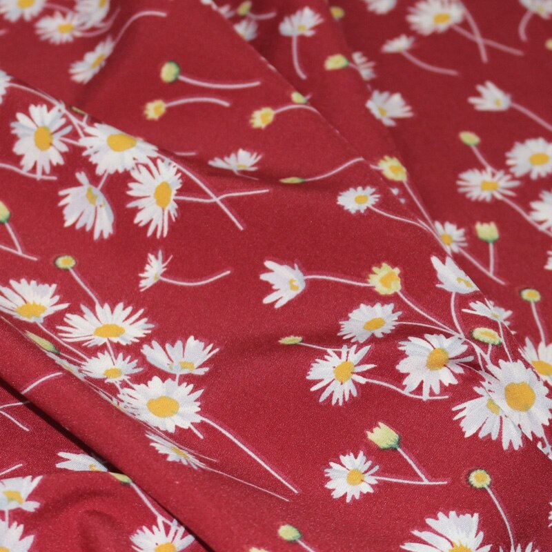 Chiffon Fabric By The Meter Floral Printed Micro Elastic Opaque Dress Skirt Flowers Summer Fabrics Breathable for Sewing Brocade: Micro bomb Red Daisy