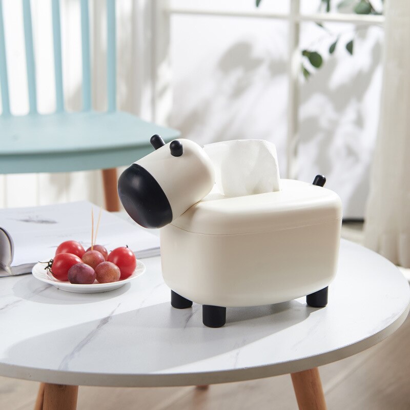 ELEG-Cute Tissue Box Holder Pumping Wipe Paper Case Toothpick Boxes Desktop Decoration Boxes with Disposable Napkin Cow Shape