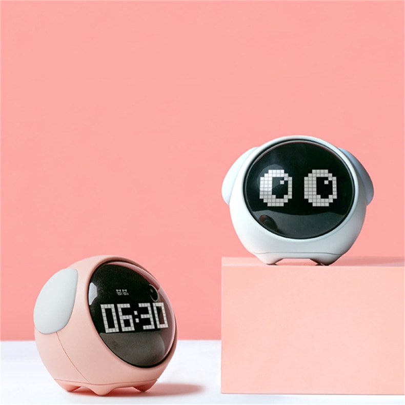 Kids Alarm Clock Cute Pixel Expression Clock Led Night Light Electronic Digital Wake Up Snooze Voice Control Table Clock