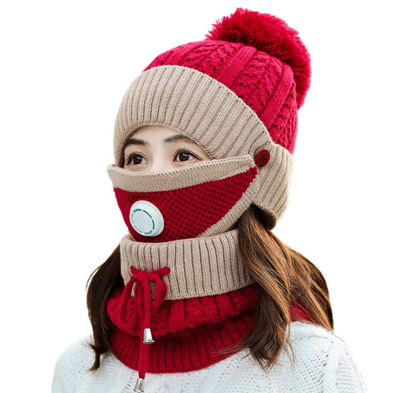 Outdoor Cycling knitted Hats Autumn Winter Knitted Hat Kit With Breathing Mask Thickened Warm Cap 3 in 1 Woman Hat Set