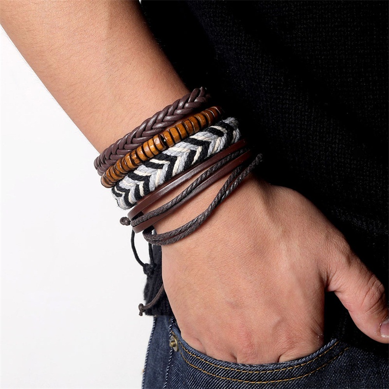 Wood Bead Male Multilayer Leather Bracelet Men Braided Rope Wrap Bracelets Bangles Pulseira Masculina Jewelry Pulsera: S333