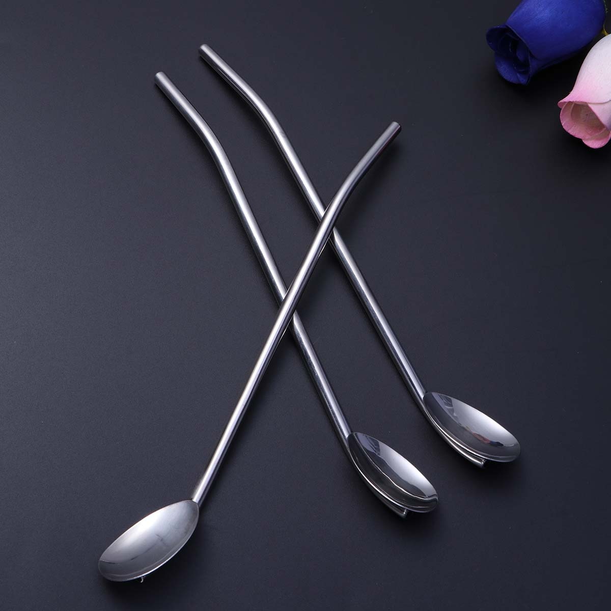 6 st/set sked sugrör rostfritt stål oval form metall drickssked sugrör återanvändbara sugrör cocktailskedar set