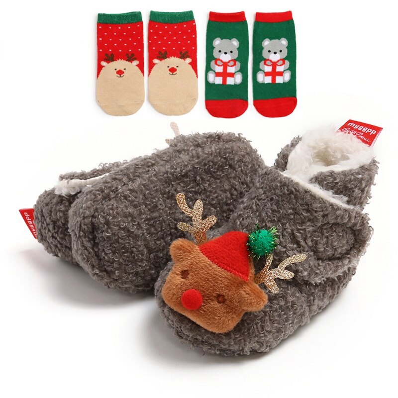 Newborn Baby Girl Boy Wnter morbidi stivali di peluche antiscivolo cervi di natale babbo natale scarpe carine + 2 fasce o 2 calzini abito: D / 7-12 mesi
