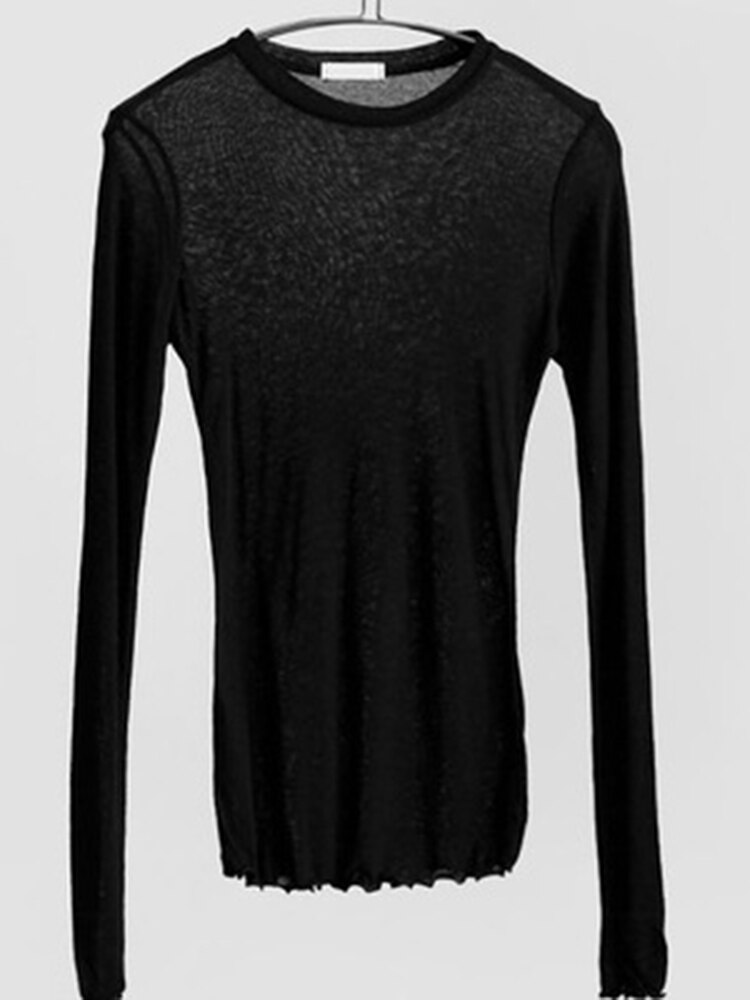 Plain T Shirt Women Elastic Basic T-shirts Female Casual Tops Long Sleeve Sexy Thin T-shirt see through: S / black