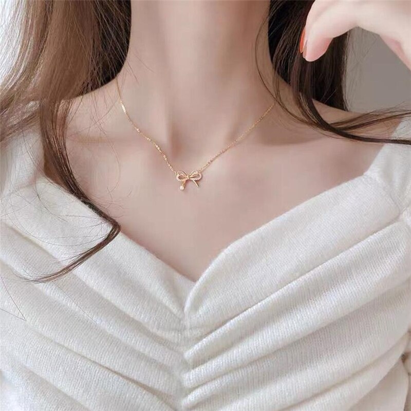 Unique mémoire brillant papillon frais Bow 925 argent Sterling clavicule chaîne femme collier SNE537: Gold