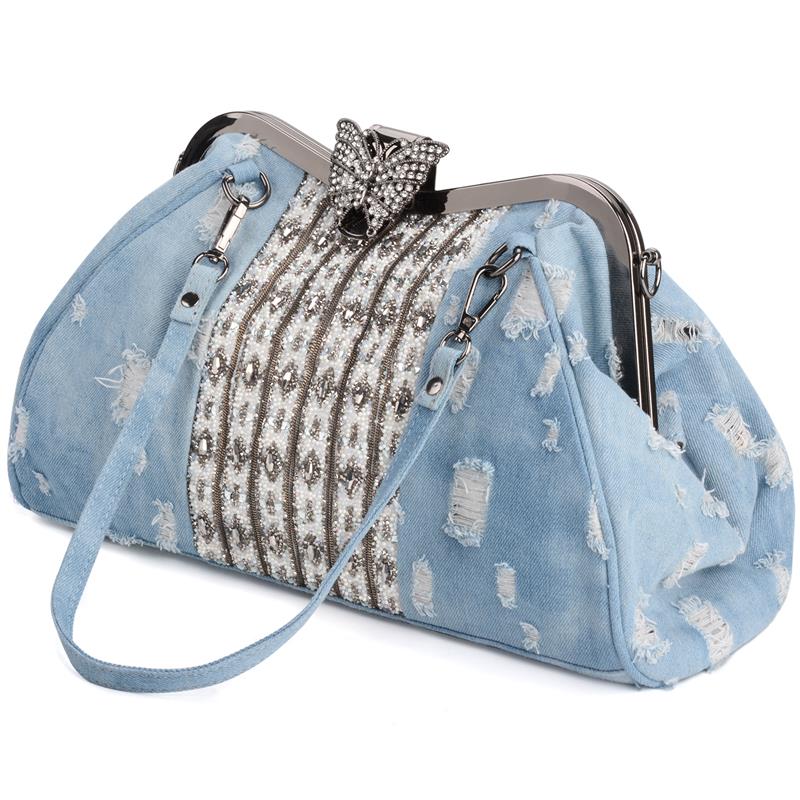 Denim strass cristal femmes sac à main poignée supérieure papillon décoration Patchwork sacs femmes sac à bandoulière embrayage