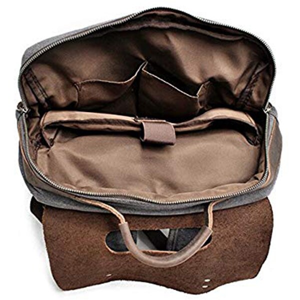 Men Leather Canvas Rucksack Laptop Backpack College School Bookbag(Dark Gray)