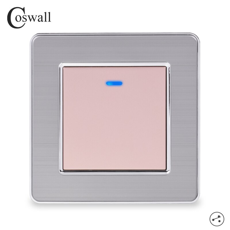 Coswall 1 Gang 2 Way Light Switch On / Off Wall Switch With LED Indicator Pass Through Switch Switched Stainless Steel Panel