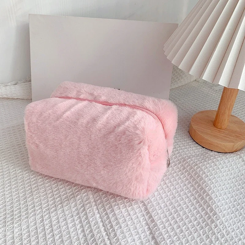 Leopard Fur Makeup Bags for Women Soft Travel Cosmetic Bag Organizer Case Lady Girls Make Up Case Necessaries Handbags Case: Coffee