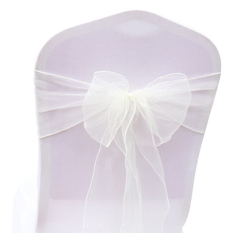 50 st/lot skirt band organza bröllopsdekorationer stol skärp skärp knut stolsöverdrag rosett band slipsar stolar dekoration tillbehör: Elfenben