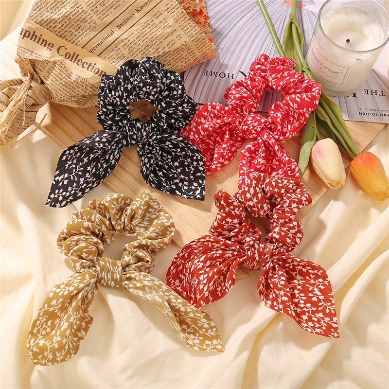 Leopard Bow Scrunchies For Woman Girls Printed Floral Hair Ties Rabbit Elastic Hair Bands Ponytail Holder Hair Accessories