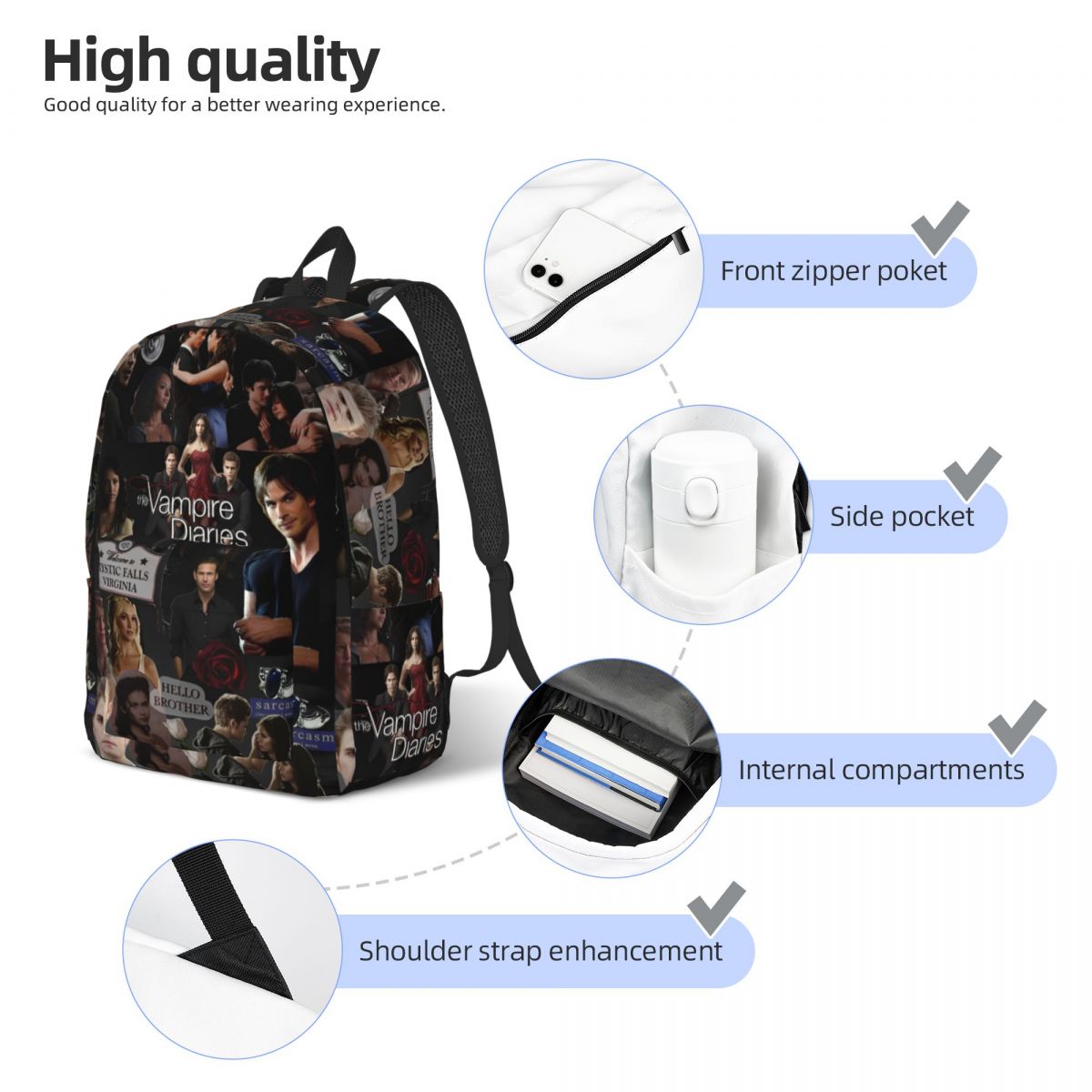 The Vampire Diaries Collage Backpack for Men Women Casual Student Business Daypack TV Series Laptop Canvas Bags Sports