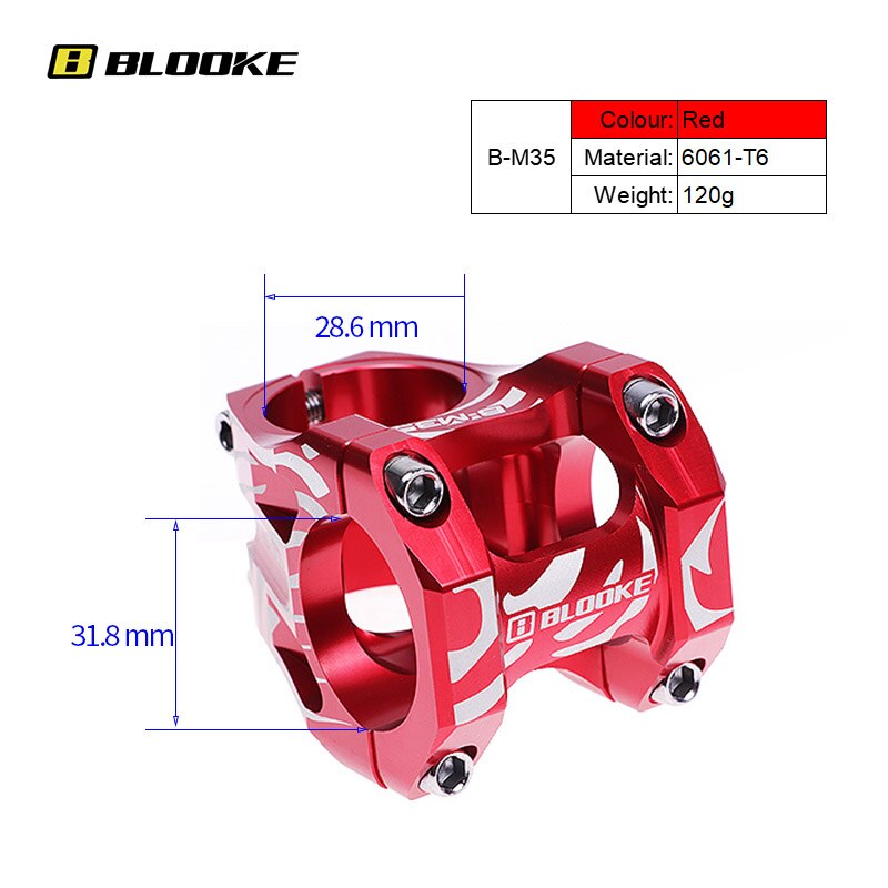 BLOOKE MTB Stem 35mm 0 Degree For Bicycle Handlebar 31.8mm 28.6mm Steerer XC DH AM FR Enduro Downhill Mountain Bike Parts: red