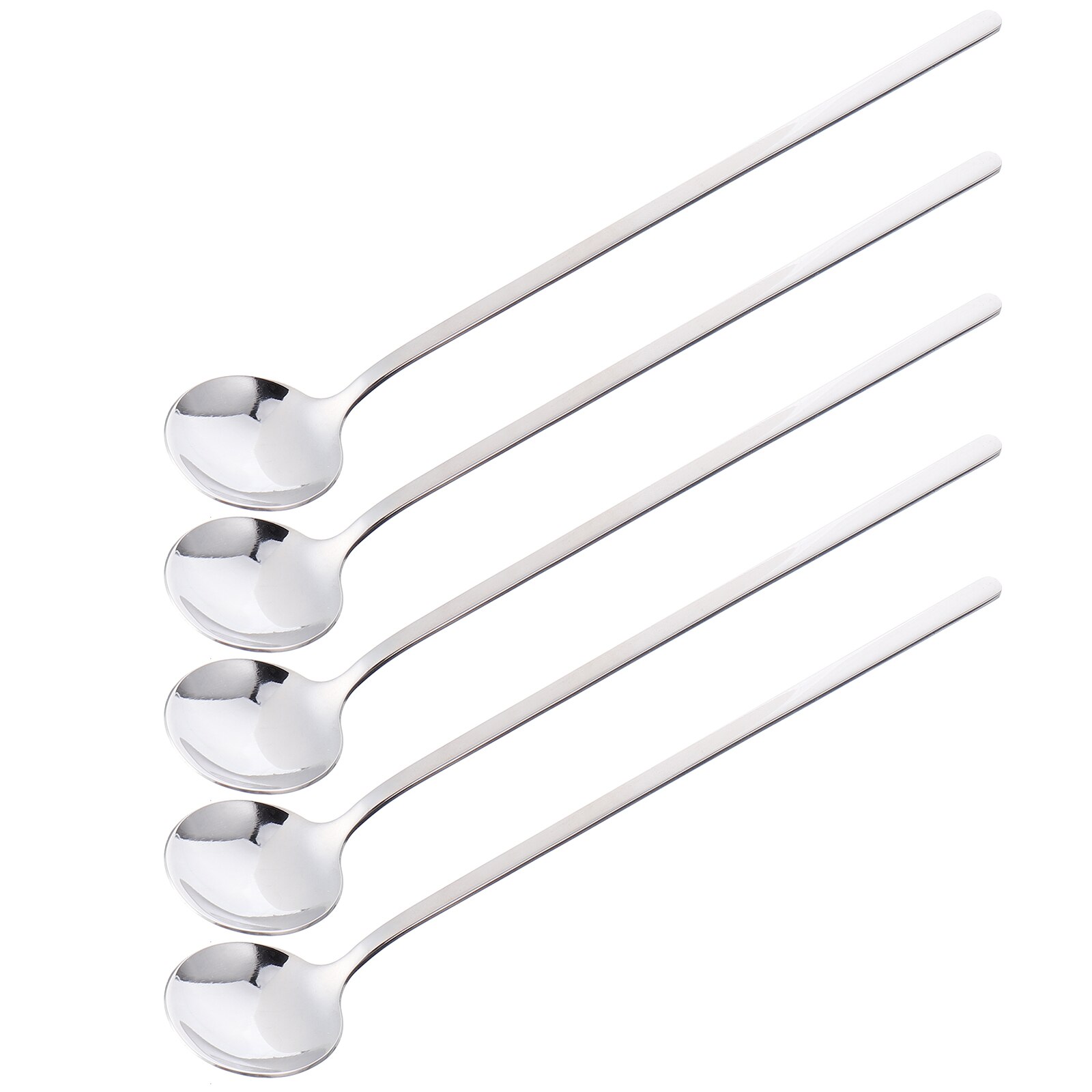 5 Pcs Home Shop Cafe Long Handle Stainless Steel Dessert Round Spoon Supply
