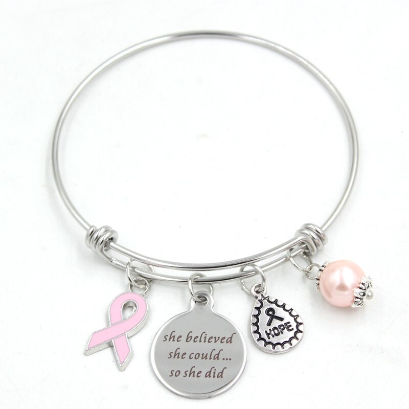 Breast Cancer Awareness Bracelet Expandble Stainless Steel Bangle Jewelry for Women Pulsera