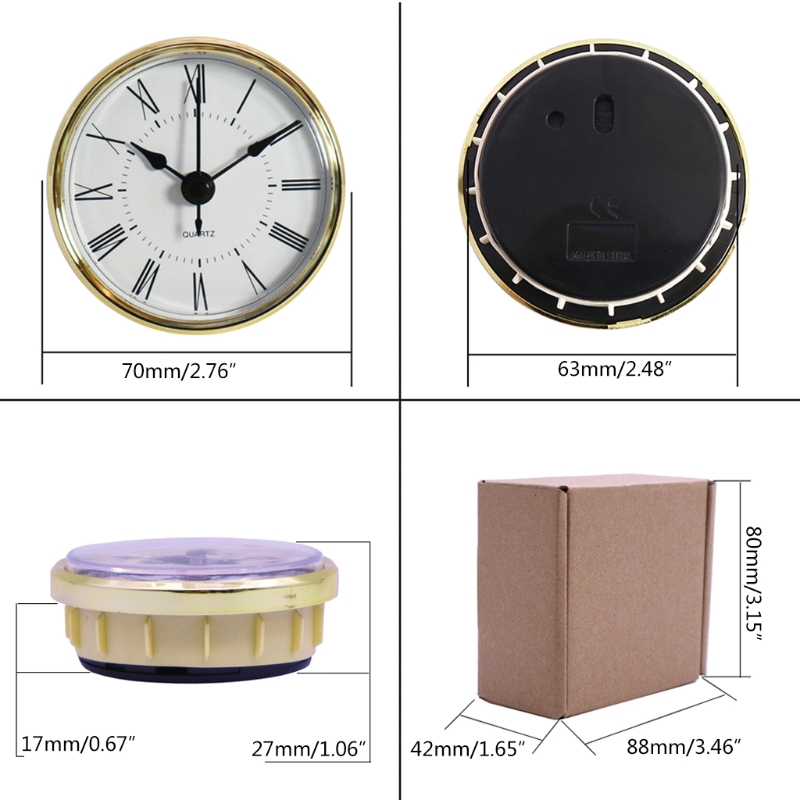 70mm Wall Quartz Clock Fit-up Roman Numeral Mounting Diameter 2.4inch/ 61mm Clock Insert Golden Bezel Battery Operated