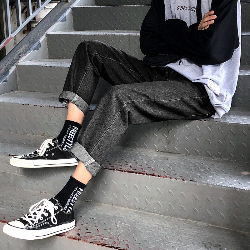 Menn jeans solid enkel rett all-match ankellange dongeribukser herre løs fritid trendy koreansk stil street-wear ulzzang: K112- svarte / Xxl
