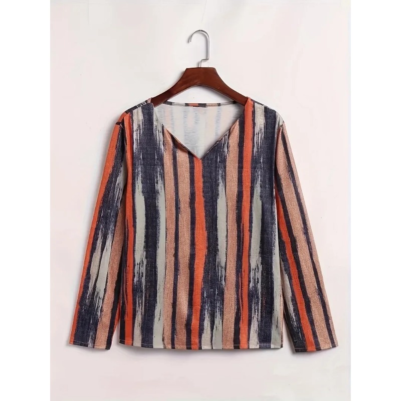 Femmes grande taille 1XL-8XL décontracté confortable à manches longues haut col en v rayé respirant T-shirt femmes
