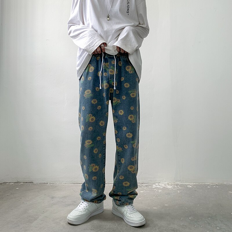 Men Jeans Floral Printed Drawstring Full Length Denim Long Trousers Hip Hop Korean Style Trends Leisure Loose Handsome