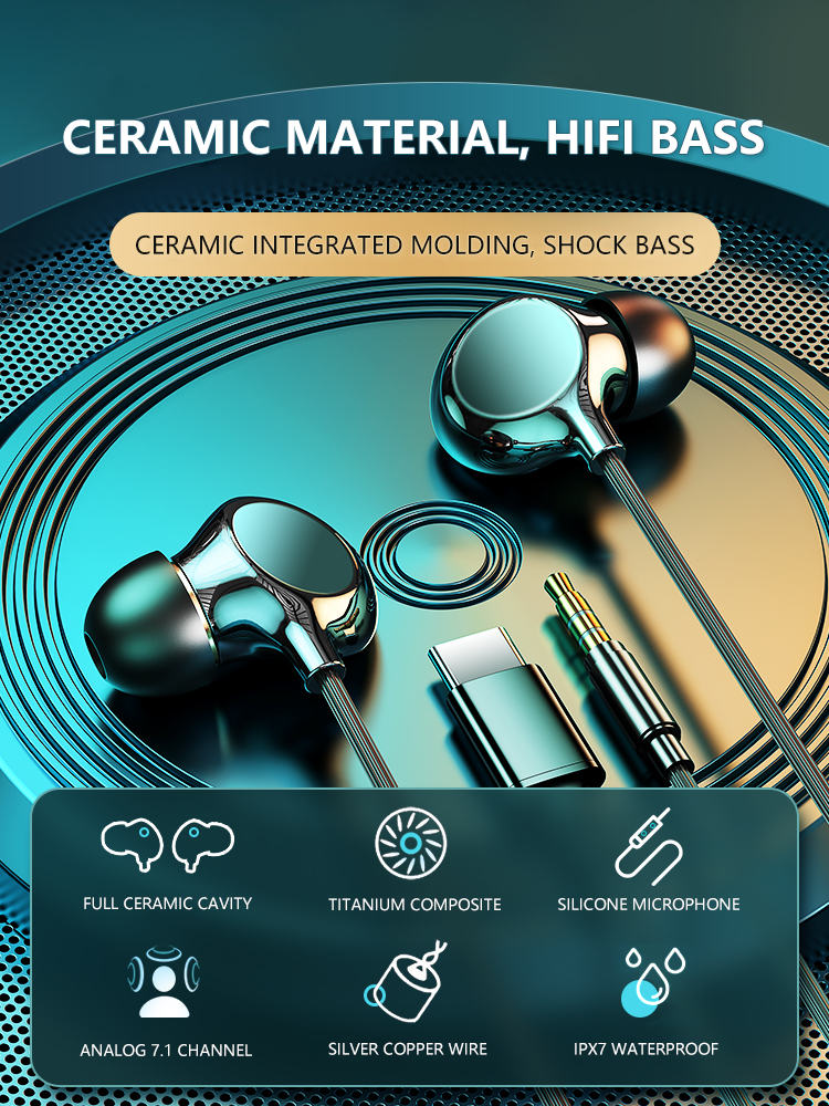 Wysokiej jakości ceramiczne słuchawki przewodowe Type-C/3.5mm HIFI Bass Stereo muzyka Sport z mikrofonem dla Xiaomi Huawei IPhone