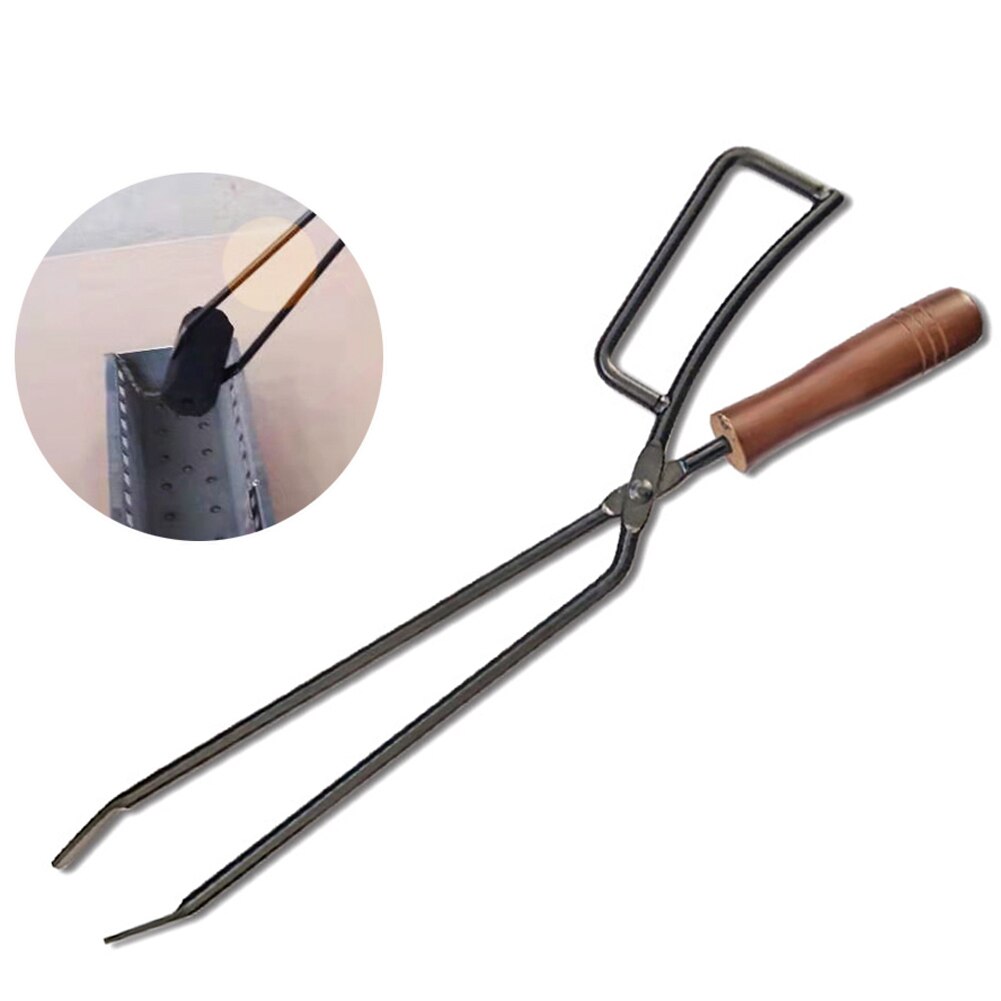 Firewood Tongs with Wood Handle Metal Heat Resistant Barbecue Fireplace Tongs Oven Cooking Tong Kitchen Supplies Tool