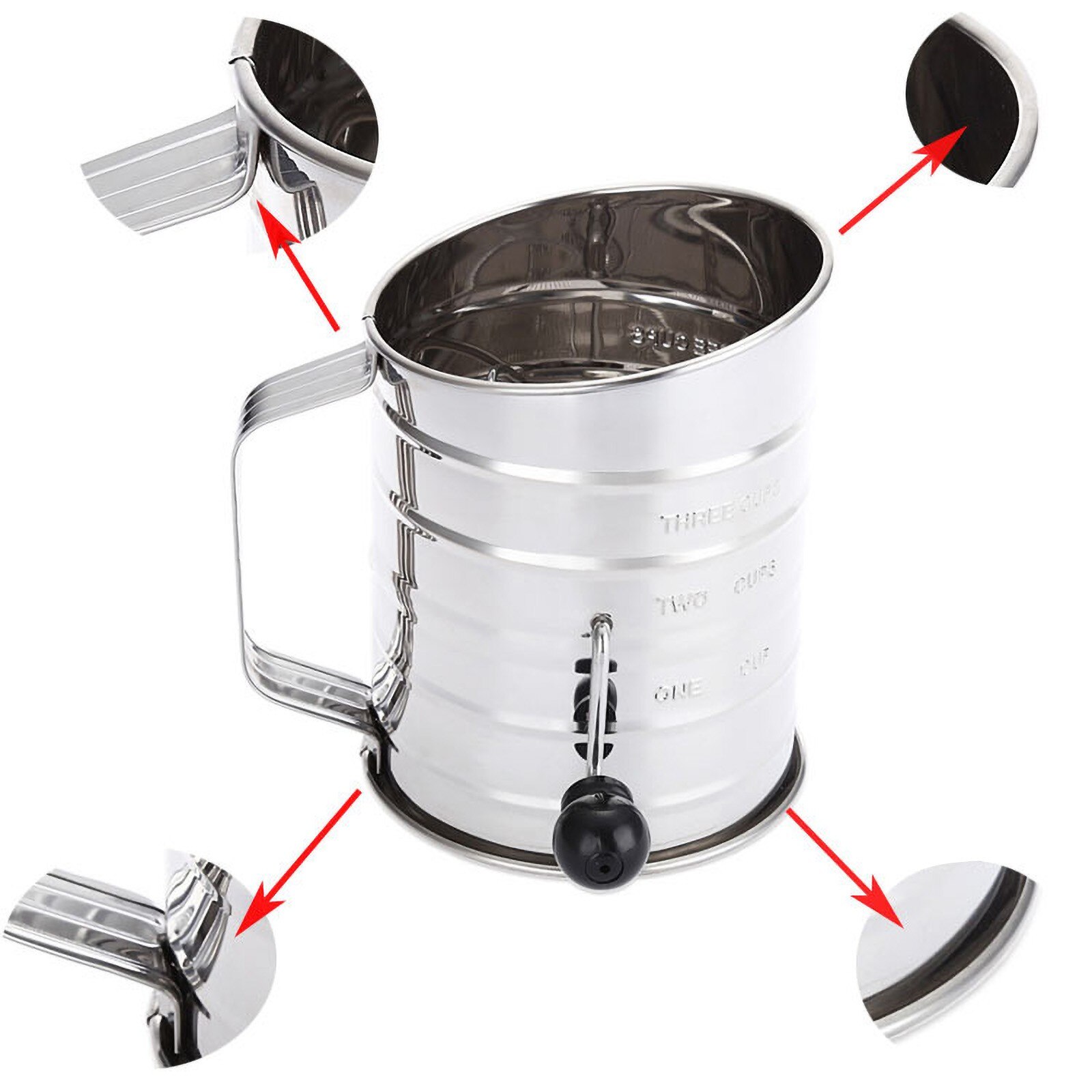 Tamiz de harina de manivela de mano rotativa de acero inoxidable de 3 tazas con agitador de 2 cables, agitadores, agitadores, utensilios de cocina para horno, herramientas de repostería para hornear