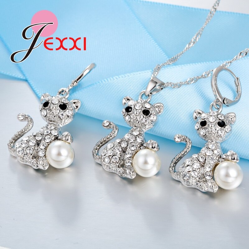 Brillant CZ et grande perle joli chat pendentif pour les femmes collier et boucles d'oreilles 925 en argent Sterling ensemble de bijoux