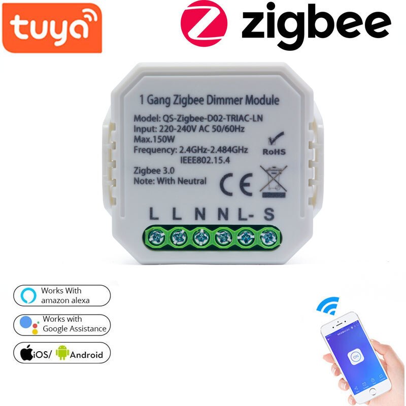 Lonsonho Tuya ZigBee 3.0 Smart Dimmer Switch Module With Neutral 1/2 Gang Wireless Control Switch Relay Works With Alexa Googl
