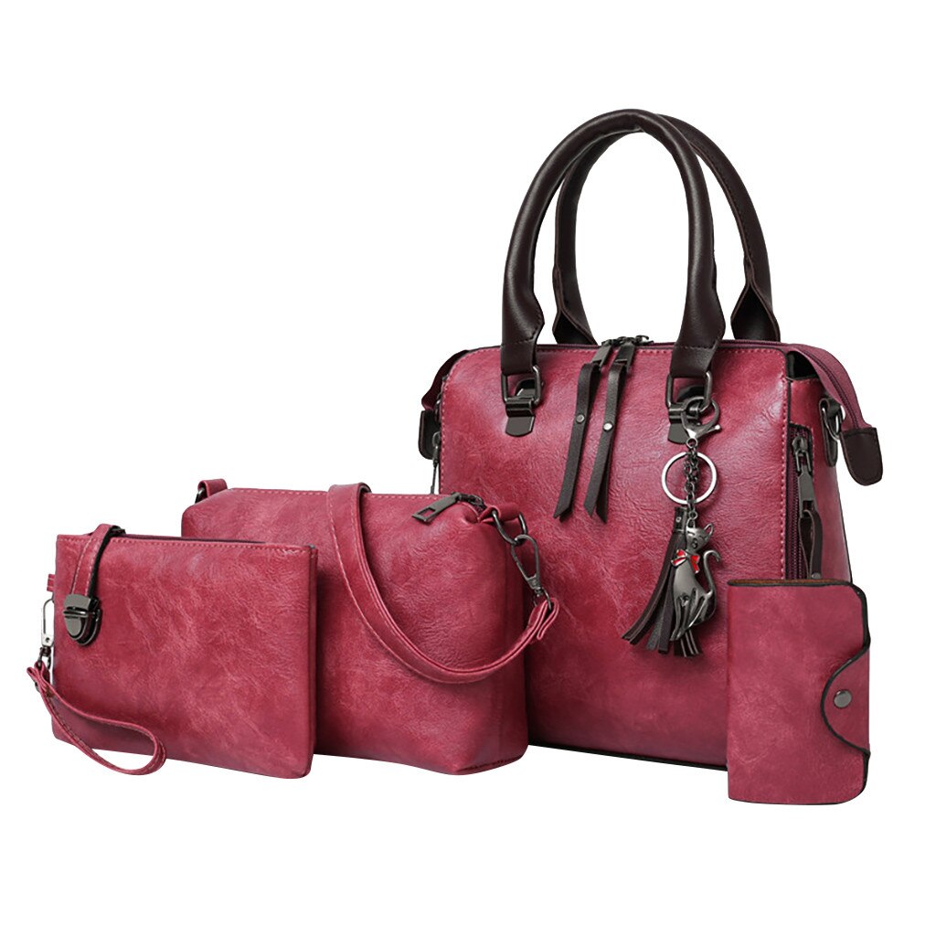 4 stk/sæt komposittasker til kvinder dame håndtasker pu læder skuldertasker mulepose bolsa  #t2g: Rød