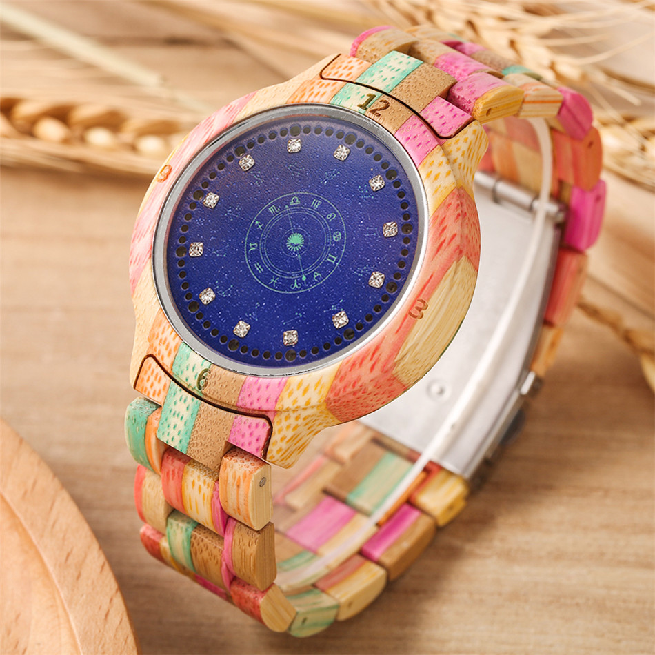 Redfire starry blue 12 constellations display led digitaal dameshorloge multi-color bamboe houten horloge dames