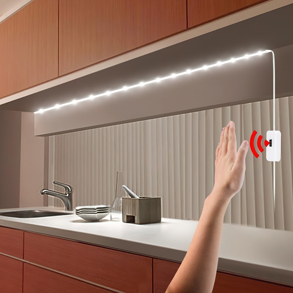 Tira de luces LED con Sensor de encendido y apagado, luz de fondo con USB, CC de 5V, barrido manual, TV, cocina, debajo del gabinete