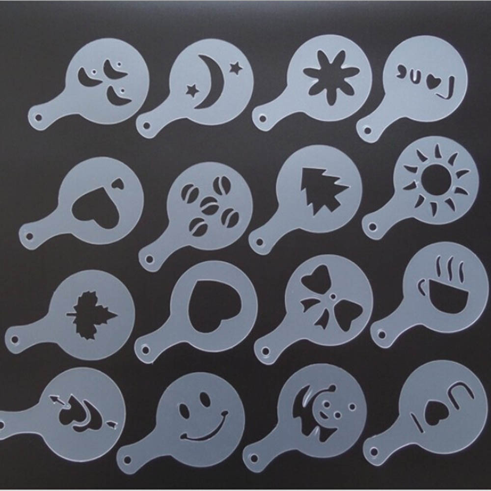 16pcs Koffie Stencil Filter Koffiezetapparaat Cappuccino Koffie Barista Mold Templates Strooi Bloemen Pad Spray Art Koffie Gereedschap