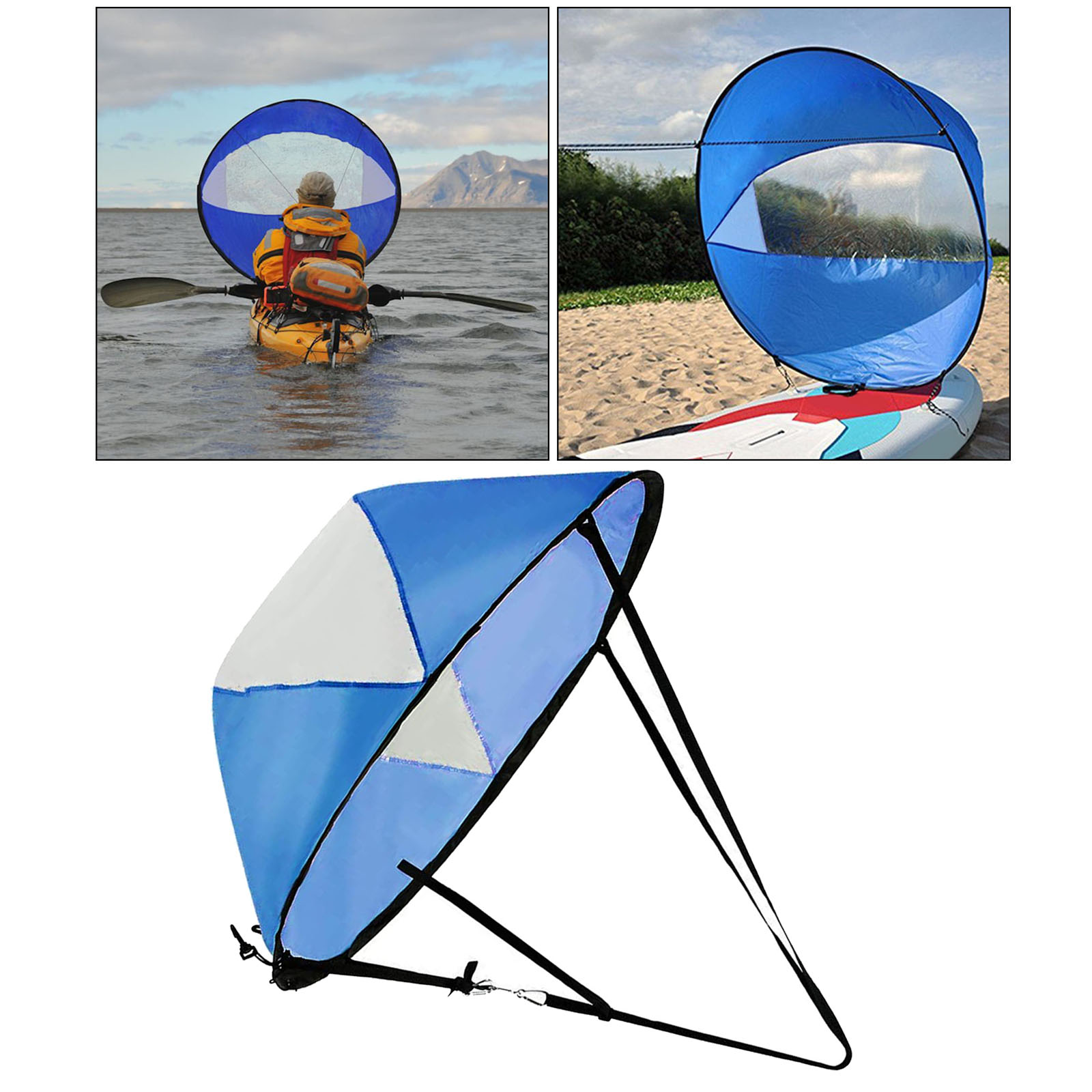 Foldable Kayak Boat Wind Sail Summer Surfing Wind Paddle Kayak Sail Durable Downwind Paddle Rowing Boats Wind w/ Clear Window: Blue White