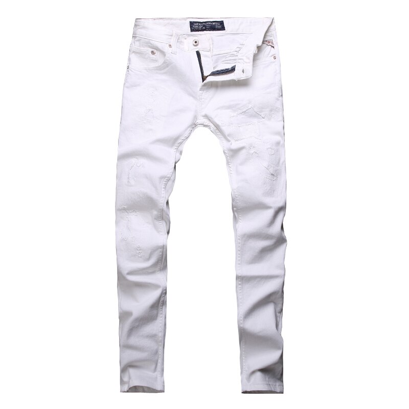 Classical Men Jeans White Color Wash Elastic Rippe... – Grandado