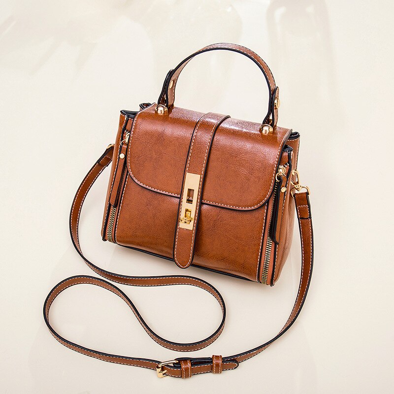 Bag Lady Tidewater Bucket Bag Oil Wax Leather Cross-Body Bag Versatile Shoulder Bag Portable Small Bag: Brown