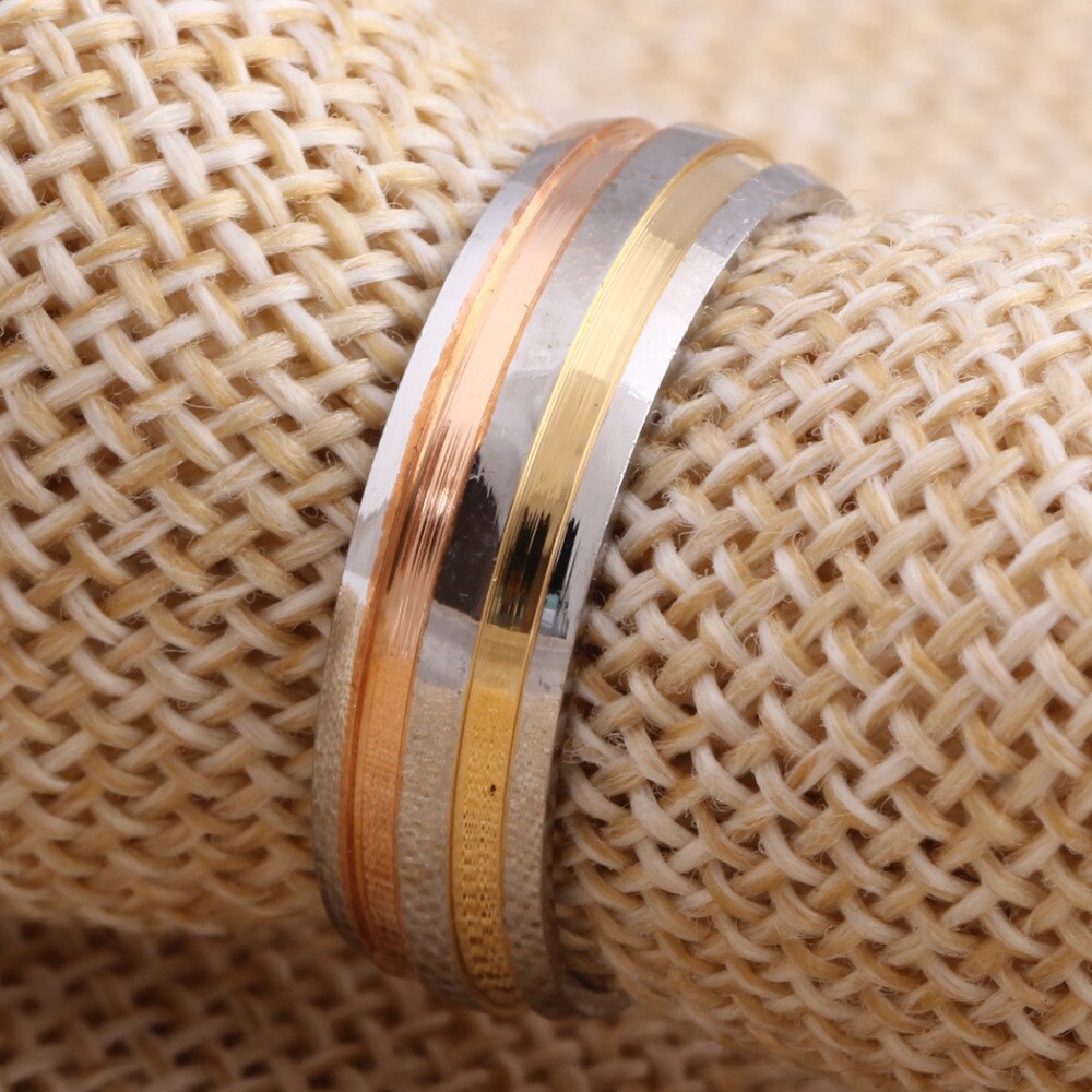 Anillos elegantes de tres colores de tiras, para mujer bandas de boda de 6mm anillo de compromiso joyas con tallas de EUA