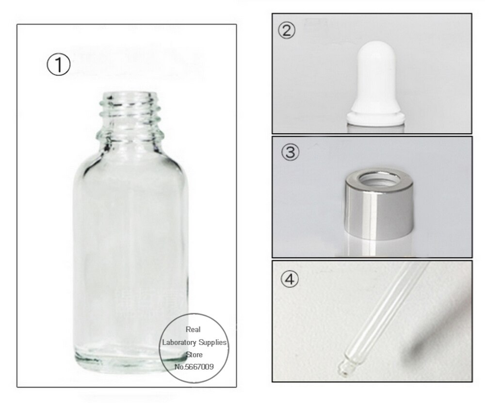 10 stk / lot 5ml to 50ml laboratorieklar, rund glasglasraffineret olieflaske med glasdråber sølvcirkel til skoleeksperiment