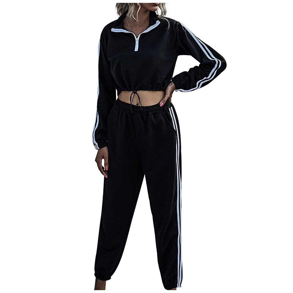 Womens Sportwear Suit Long Sleeve Sweatshirt Short Tops And Pant Outfits Casual Loose Zipper Stripe Stitching Running Suit Se6: S