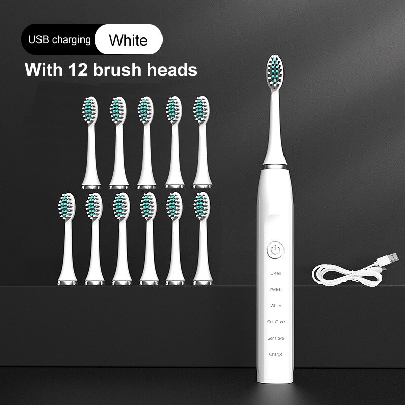 gollinio Sonic Electric Toothbrush Adult Timer Brush 5 Mode USB Charger Rechargeable Tooth Brushes Replacement Heads Set GL12A: GL12White12H
